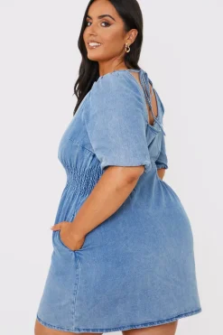 Denim V Neck Shirred Waist Tie Back Mini Dress|In The Style Outlet