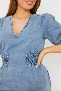 Denim V Neck Shirred Waist Tie Back Mini Dress|In The Style Outlet