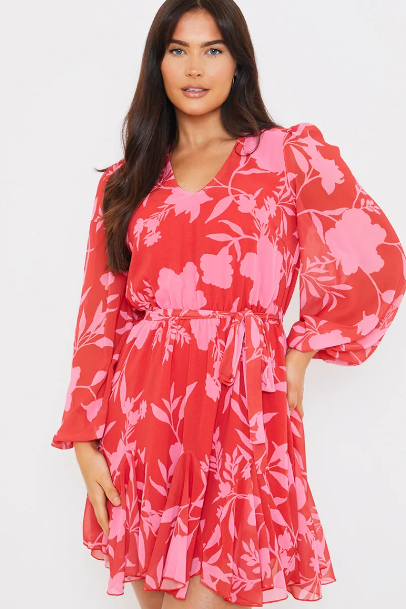 Floral Balloon Sleeve Godet Skater Mini Dress|In The Style Online