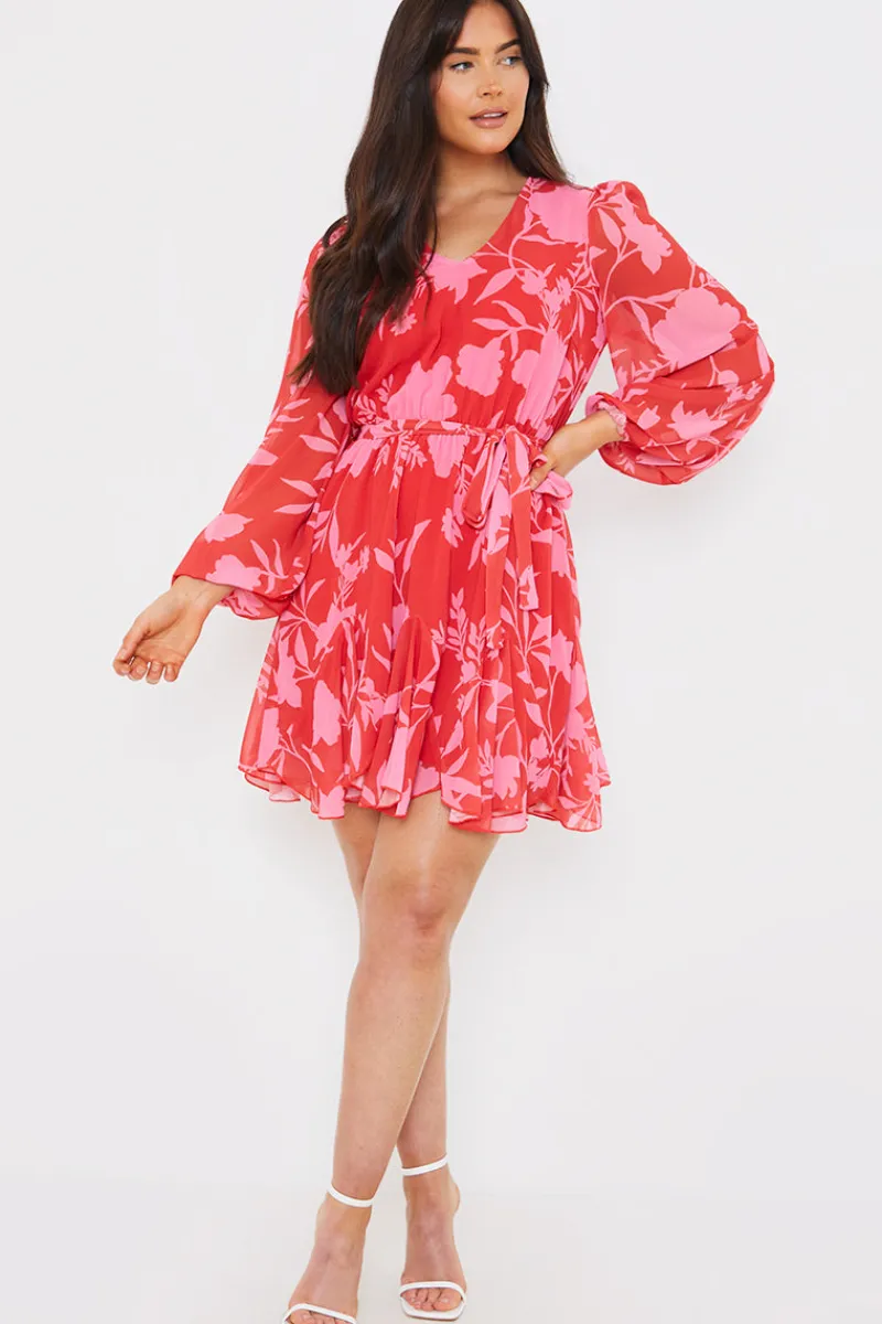 Floral Balloon Sleeve Godet Skater Mini Dress|In The Style Online