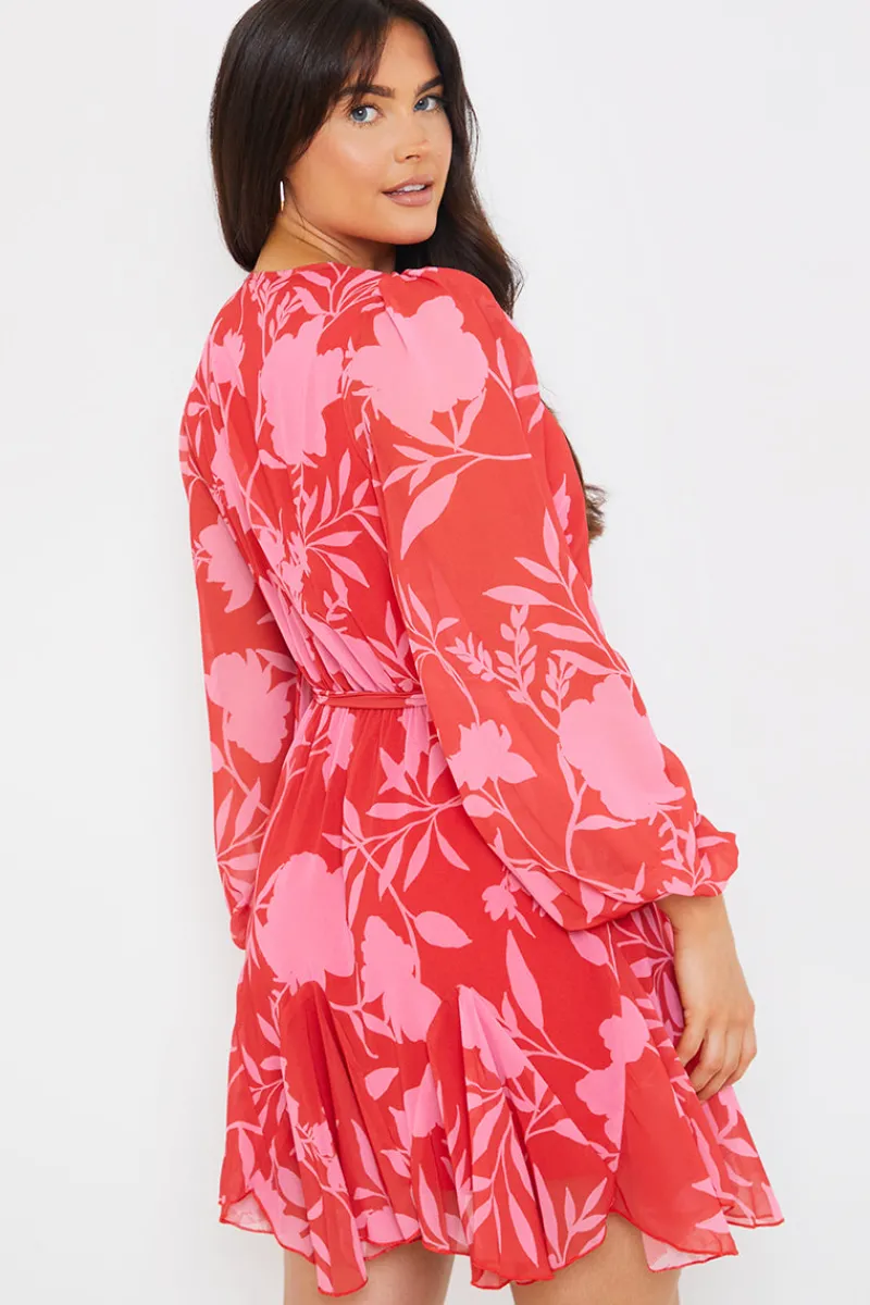 Floral Balloon Sleeve Godet Skater Mini Dress|In The Style Online