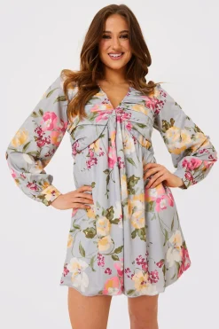Floral Balloon Sleeve Ruched Bodice Playsuit|In the Style Outlet