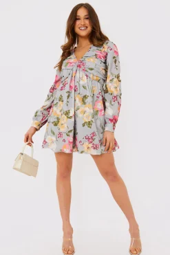 Floral Balloon Sleeve Ruched Bodice Playsuit|In the Style Outlet