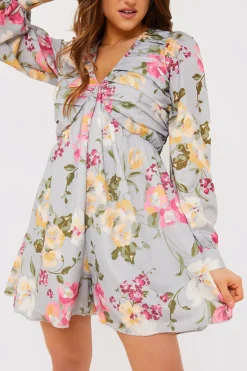 Floral Balloon Sleeve Ruched Bodice Playsuit|In the Style Outlet