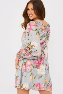 Floral Balloon Sleeve Ruched Bodice Playsuit|In the Style Outlet