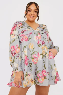 Floral Balloon Sleeve Ruched Bodice Playsuit|In the Style Outlet