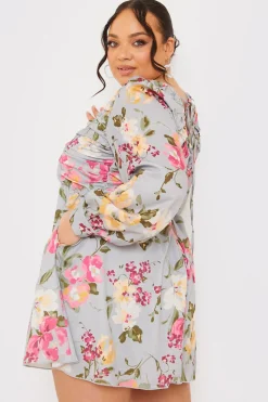 Floral Balloon Sleeve Ruched Bodice Playsuit|In the Style Outlet