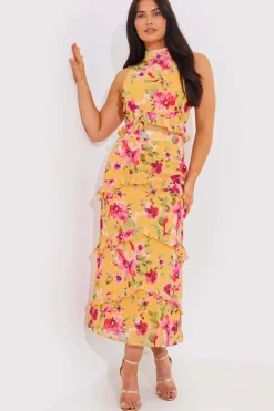 Floral Chiffon Halter Co-Ord Crop Top|In the Style Sale
