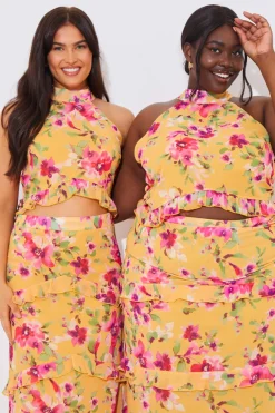 Floral Chiffon Halter Co-Ord Crop Top|In the Style Sale
