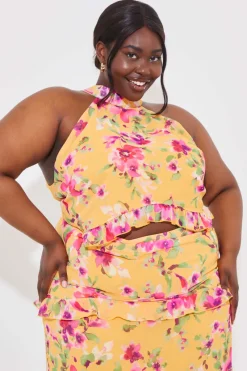 Floral Chiffon Halter Co-Ord Crop Top|In the Style Sale