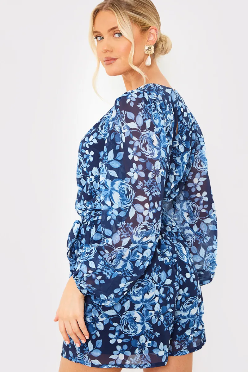 Floral Chiffon Wrap Belted Balloon Sleeve Playsuit|In the Style Clearance