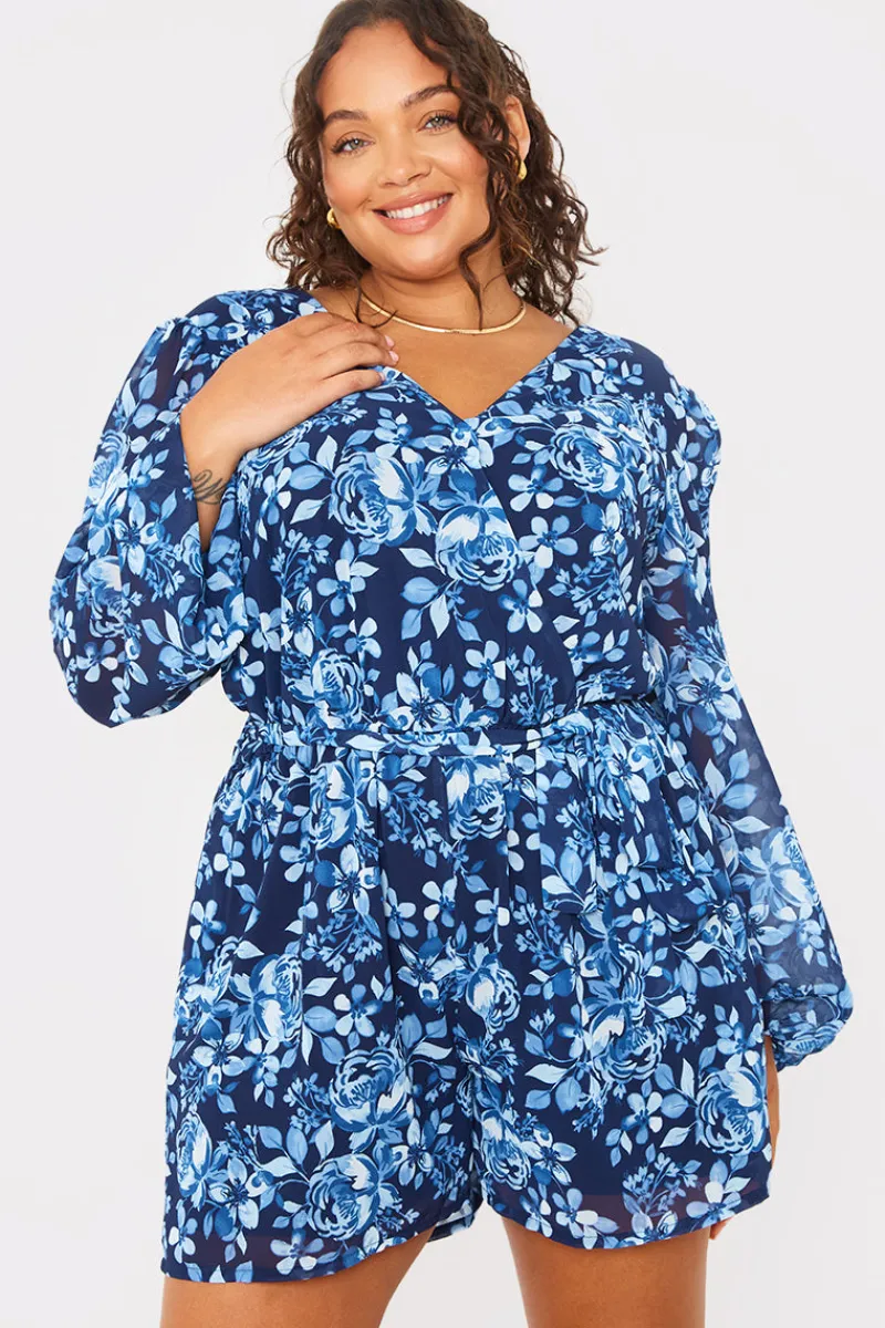 Floral Chiffon Wrap Belted Balloon Sleeve Playsuit|In the Style Clearance
