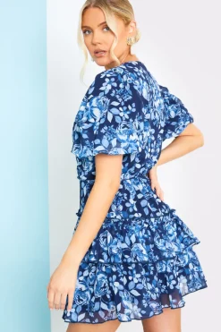 Floral Chiffon Wrap Detail Mini Dress|In the Style Discount