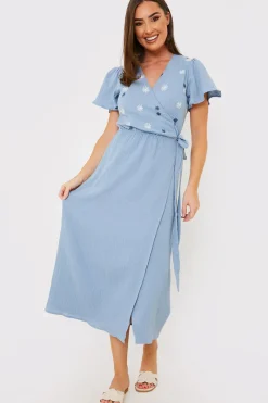Floral Embroidered Wrap Midi Dress|In the Style Clearance