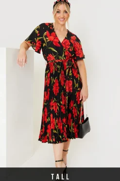 Floral Print Pleated Wrap Midi Dress|In the Style Clearance
