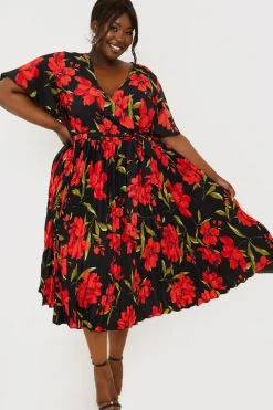 Floral Print Pleated Wrap Midi Dress|In the Style Clearance