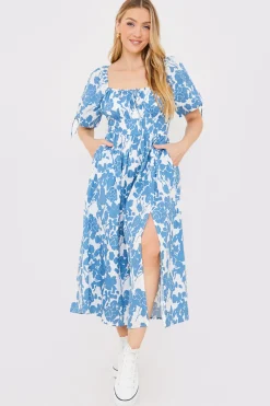 Floral Print Puff Sleeve Sweetheart Midi Dress|In the Style Sale