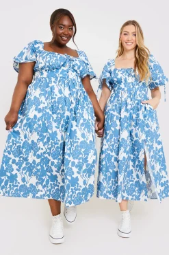 Floral Print Puff Sleeve Sweetheart Midi Dress|In the Style Sale