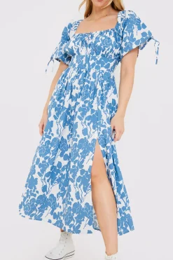 Floral Print Puff Sleeve Sweetheart Midi Dress|In the Style Sale
