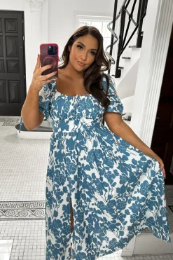 Floral Print Puff Sleeve Sweetheart Midi Dress|In the Style Sale
