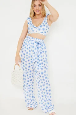 Floral Print Tie Detail Wide Leg Trousers|In the Style Discount