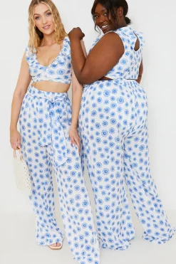 Floral Print Tie Detail Wide Leg Trousers|In the Style Discount