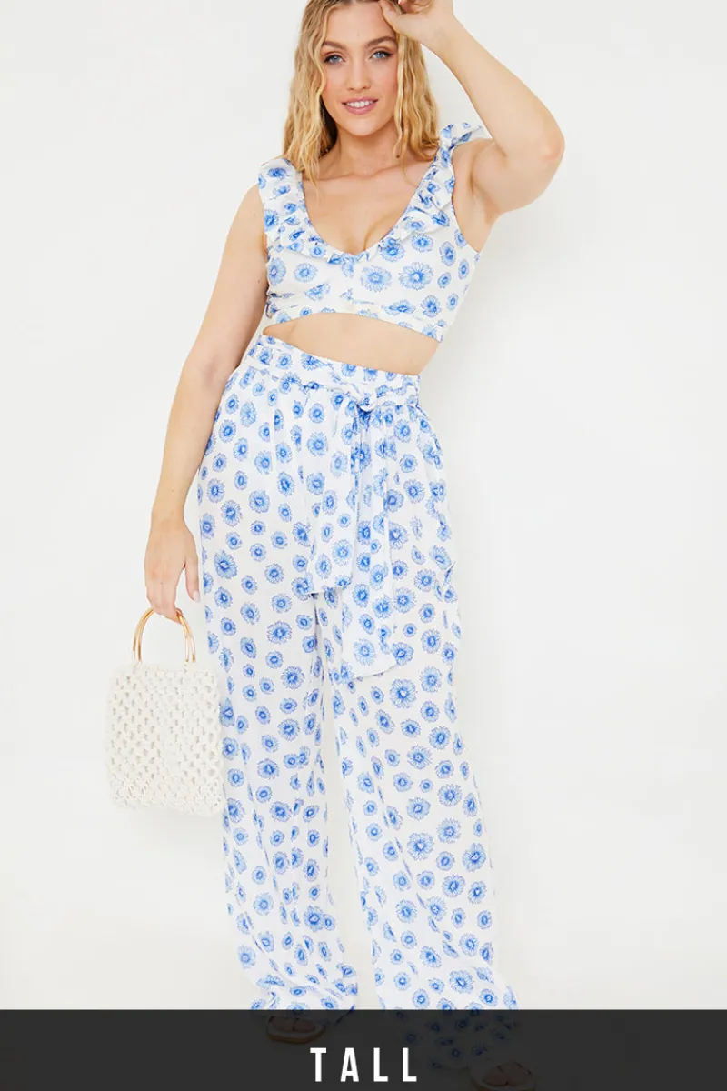 Floral Print Tie Detail Wide Leg Trousers|In the Style Discount