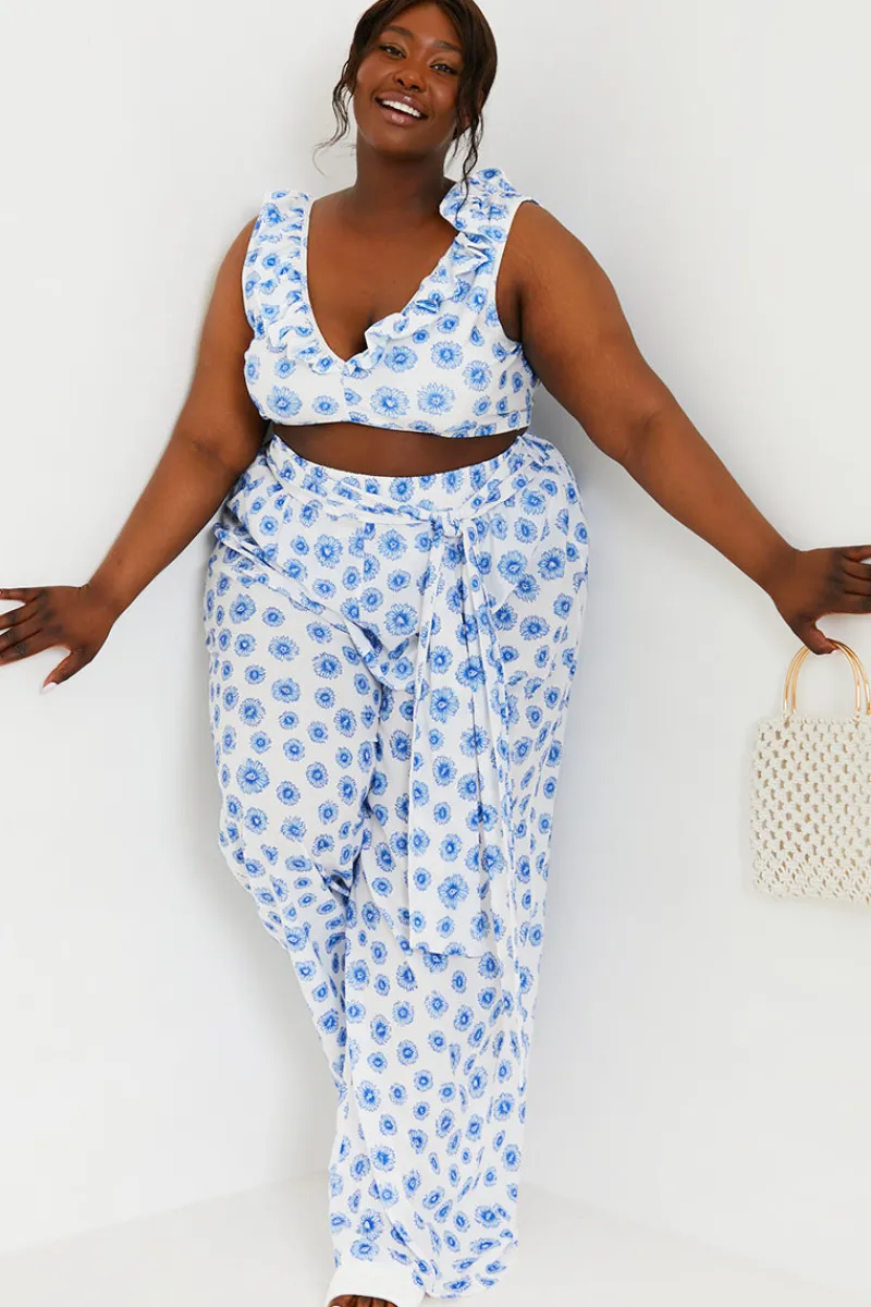 Floral Print Tie Detail Wide Leg Trousers|In the Style Discount