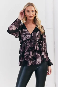 Floral V Neck Frill Detail Blouse|In The Style Best