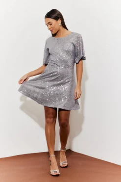 Flutter Sleeve Cowl Back Sequin Mini Dress|In the Style Hot