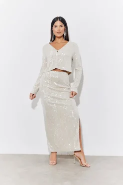 Sequin Slit Detail Midi Skirt|In the Style Sale