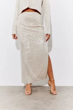 Sequin Slit Detail Midi Skirt|In the Style Sale