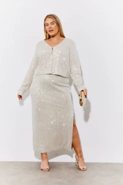 Sequin Slit Detail Midi Skirt|In the Style Sale
