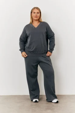 Grey Wash V Neck Split Hem Sweatshirt|In the Style Hot