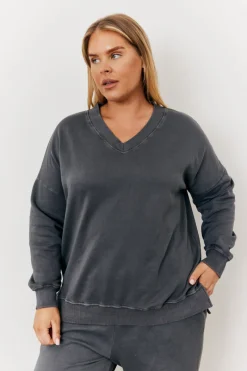Grey Wash V Neck Split Hem Sweatshirt|In the Style Hot
