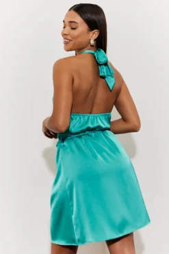 Halterneck Satin Mini Dress with Gold Belted Trim|In the Style Clearance