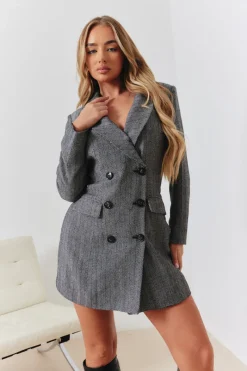 Herringbone Tweed Cinched Waist Double Breasted Blazer Dress|In the Style Discount