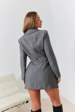 Herringbone Tweed Cinched Waist Double Breasted Blazer Dress|In the Style Discount