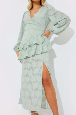 Jacquard Asymmetric Frill Wrap Midaxi Dress|In the Style Discount