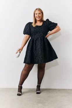 Jacquard Bow Back Puff Sleeve Smock Dress|In the Style Hot