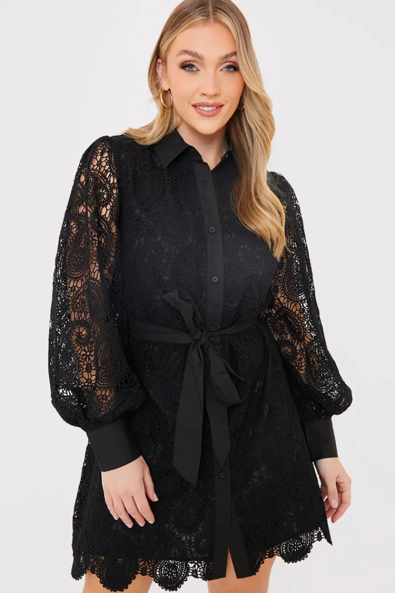 Lace Belted Shirt Dress|In the Style Hot