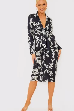 Leaf Print Plunge Tie Front Midi Shirt Dress|Terrie Mcevoy Discount
