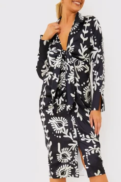 Leaf Print Plunge Tie Front Midi Shirt Dress|Terrie Mcevoy Discount