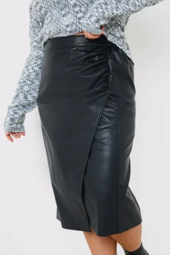 Leather Look Side Split Midi Skirt|In the Style Outlet