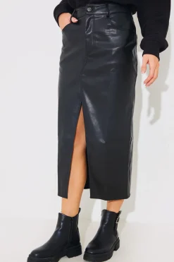 Leather Look Split Front Midi Skirt|In the Style