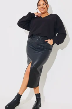 Leather Look Split Front Midi Skirt|In the Style