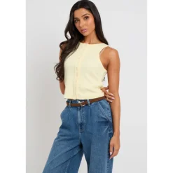 Lemon Sleeveless Button Front Top|Urban Bliss Discount