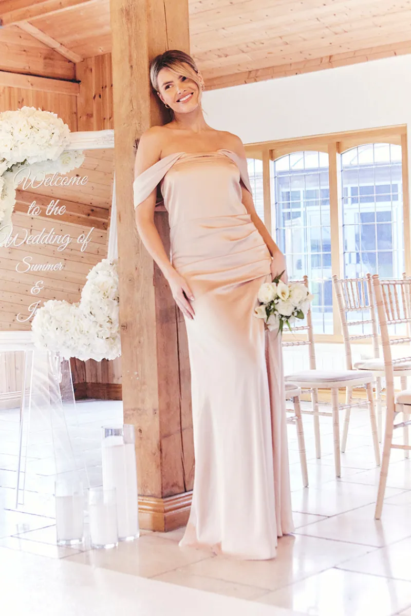 Light Gold Satin Bardot Ruched Maxi Dress|In The Style Hot