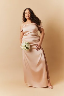 Light Gold Satin Bardot Ruched Maxi Dress|In The Style Hot