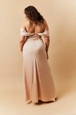 Light Gold Satin Bardot Ruched Maxi Dress|In The Style Hot